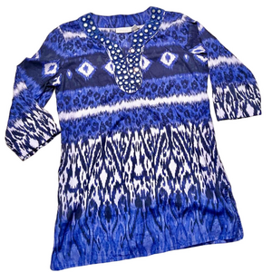 Chico's Blue White Ikat Print Tunic Blouse V-Neck 3/4 Sleeve